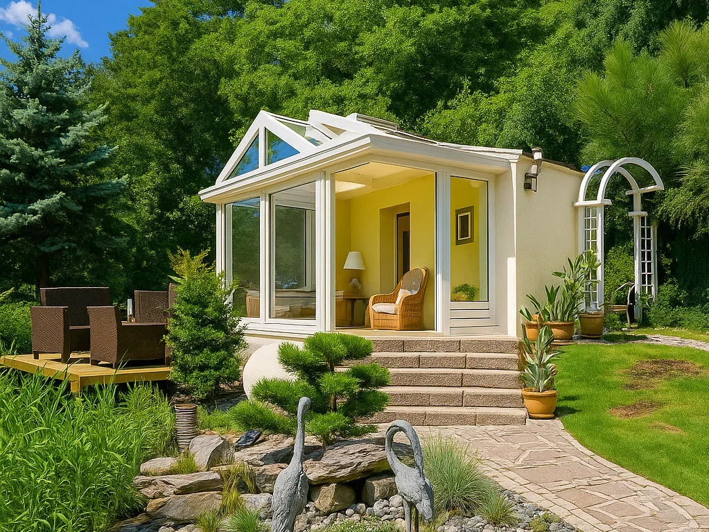 Ein freistehender Wintergarten - ein gelber Pavillon in einem asiatischen Garten - Schneider Wintergarten Berlin