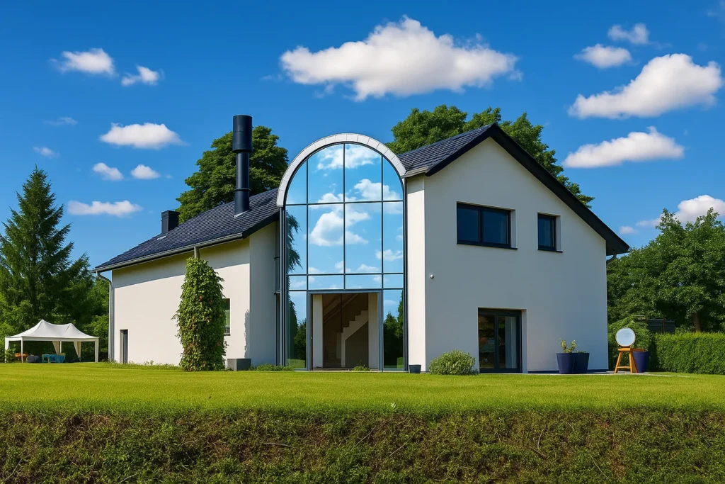 Ein Fassadenobjekt in Berlin - Haus auf einem grünen Rasen bei schönem Wetter - schneider-wintergarten.de