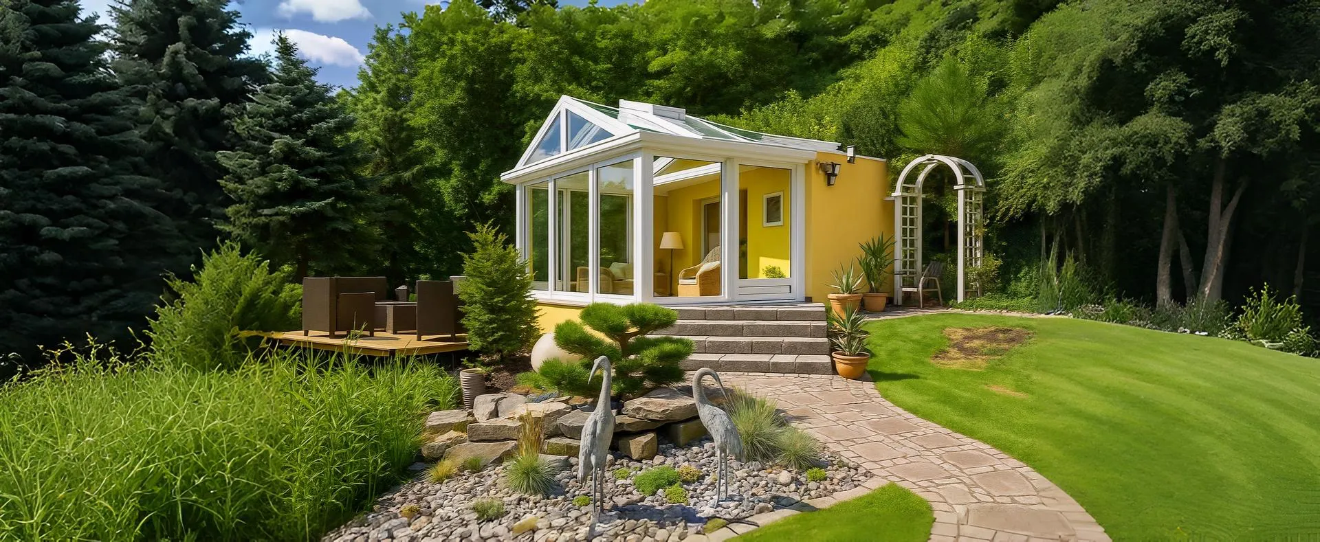 Ein freistehender Wintergarten - ein gelber Pavillon in einem asiatischen Garten - Schneider Wintergarten Berlin